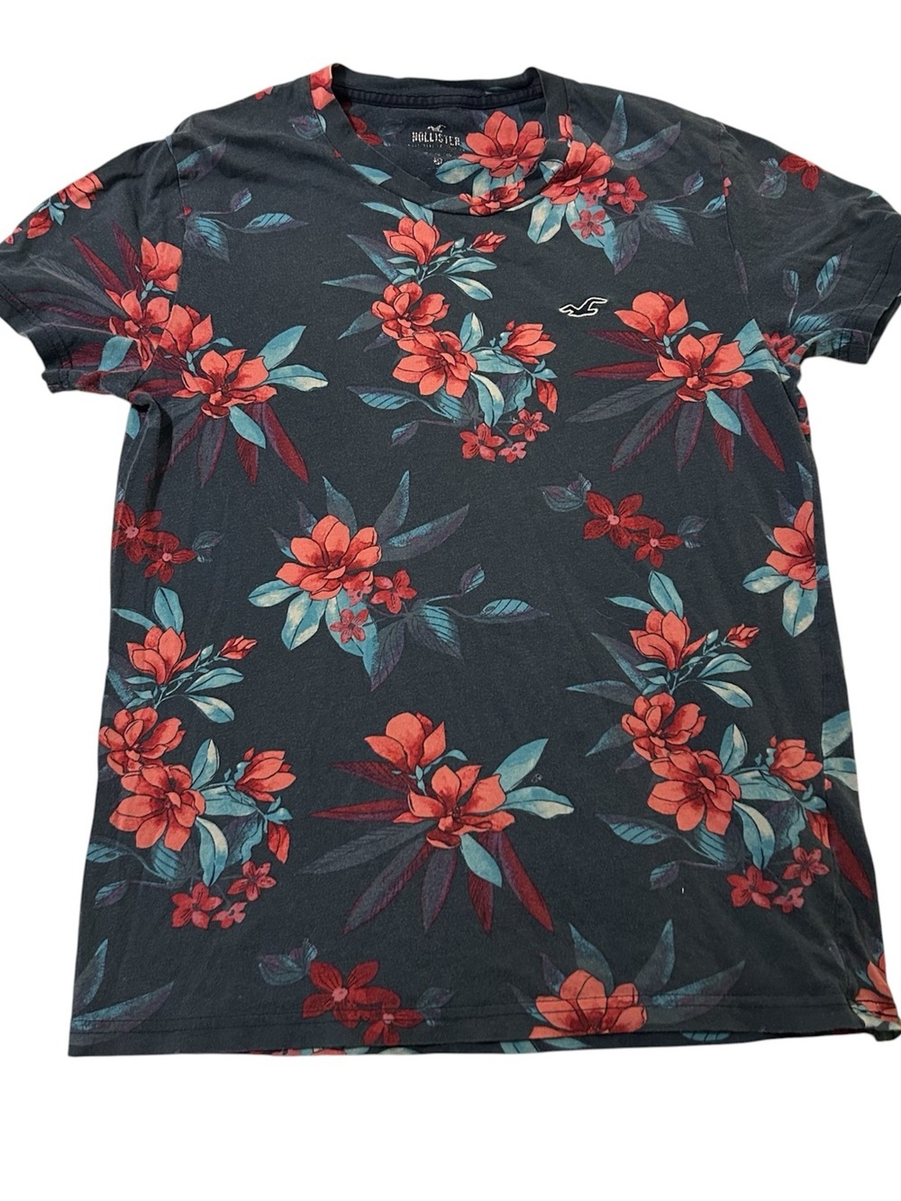 Hollister Black Short-Sleeve Floral Tee with Red & Teal Blooms